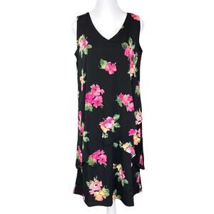 Susan Graver Floral Sleeveless Tiered Dress Size Small Black Pink NEW